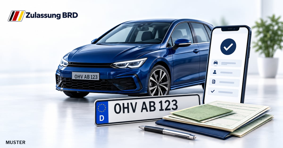 Online Fahrzeugzulassung in Glienicke/Nordbahn: Musterkennzeichen OHV AB 123, Auto und Fahrzeugpapiere und Smartphone. Illustration mit Logo von Zulassung BRD.